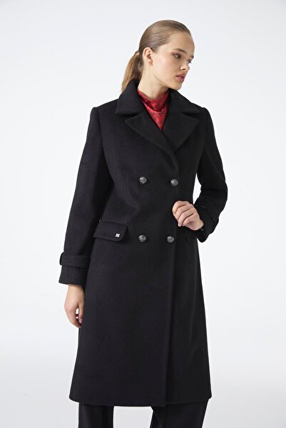 Zühre Double Breasted Collar Long Black Coat 13570