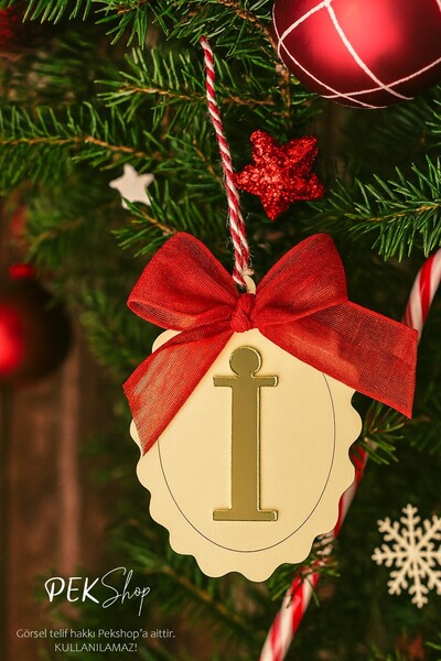 PEKSHOP زينة شجرة عيد الميلاد مع الحرف الأول وشريط فيونكة - زينة السنة الجديد...