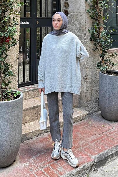 lamelif Casual Textured Sweater Gray
