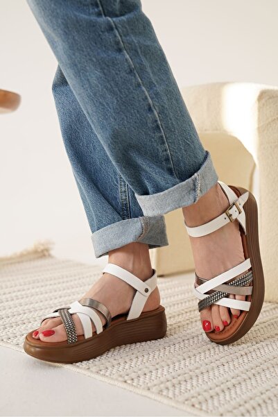 TRENDELLA Herry White Genuine Leather Sandals with Silver Detail