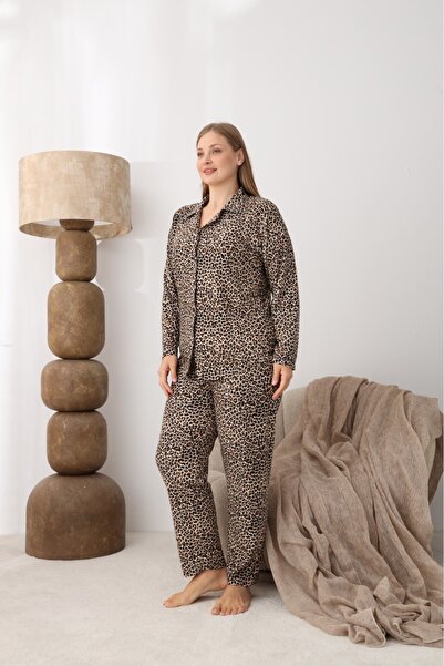 Lukitus Plus Size Leopard Print Button down Long Sleeve Women's Pajama Set