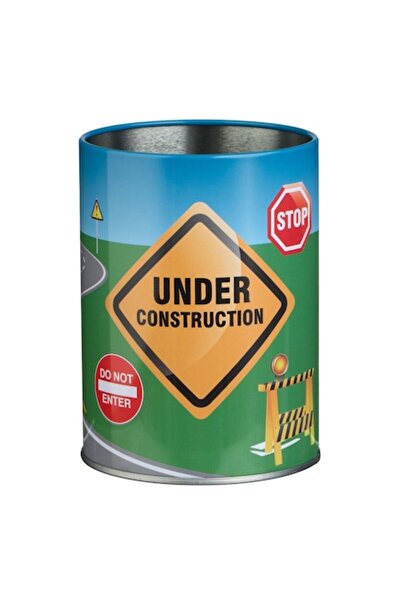 SHOPIENS Suport metalic pentru pix, imprimeu „În construcție” cu vehicule de construcții, 8 cm x 10 cm, albastru