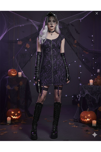 Namaste Vintage Halloween Kostüm, Mor renk siyah dantel desenli gotik elbise ...