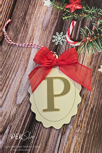 PEKSHOP Коледна украса за елха с буква „И“ - златна панделка с буква „И“ и червена панделка за Нова година