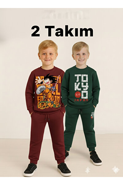 LİTTLE TORTOİSE Winter Fleece-Lined Boys' Swaetshirt Tracksuit Set Bottom Top 2Piece Set