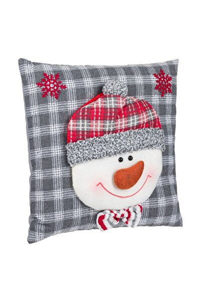 SHOPIENS Christmas Decorative Pillow, Snowman Design, Grey Plaid, 35x35cm