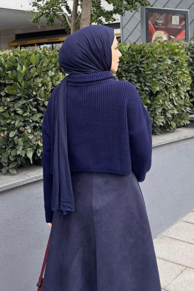 lamelif Collar Zippered Crop Knitwear Sweater Navy Blue