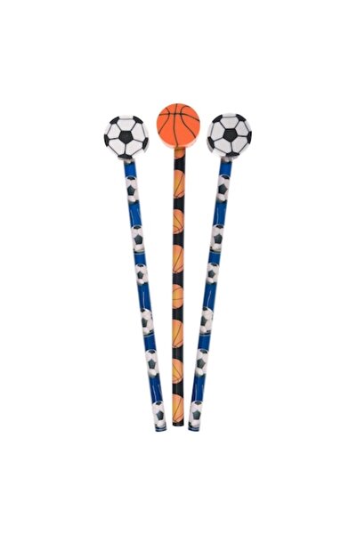 SHOPIENS Set of 3 Pencils with Eraser Topper, Multicolor, Football and Basketball Design - MYONNA