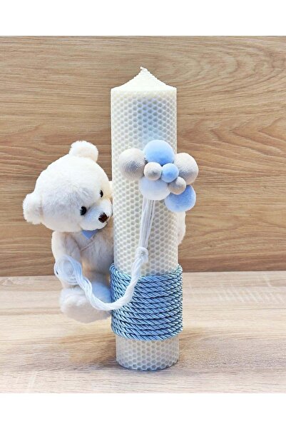 KidsMagazin Lumânare ursuleț de pluș crem cu detalii albastre
