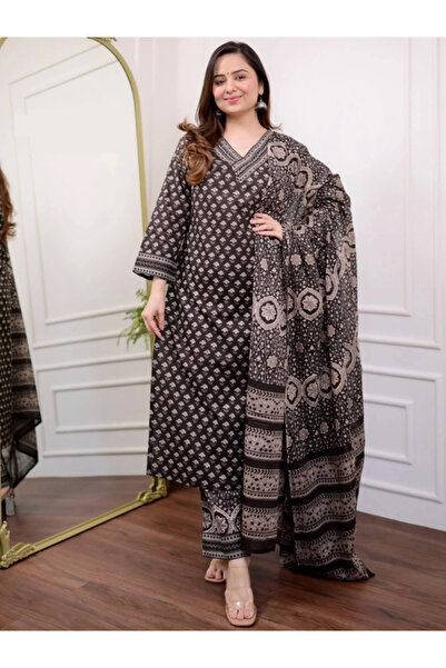 MYSMAR Brown Viscose Cotton Salwar Kameez Dupatta - ALV1372 | Brown