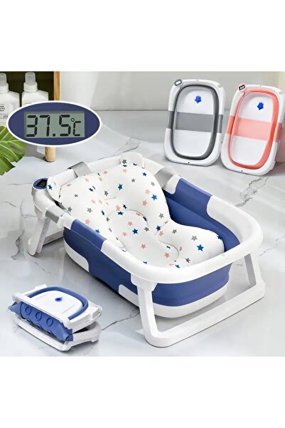 Un Foldable Baby Bath Tub with Mat and Temperature Sensing Thermometer