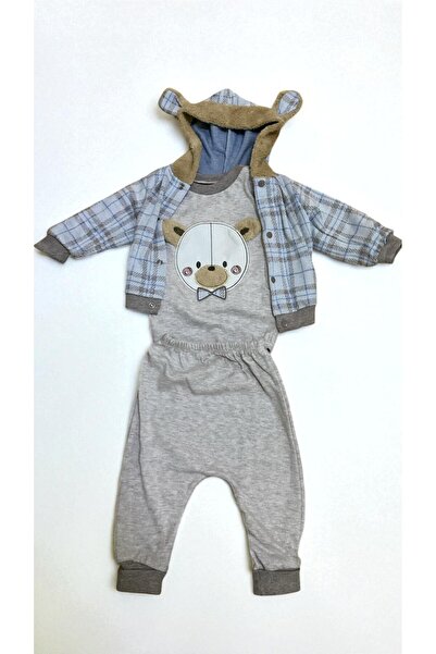 MİLAYS LİFE HOME COLLECTİON 0-3 Months Baby Boy Furry Ears Bear Embroidered Cotton 3-Piece Set