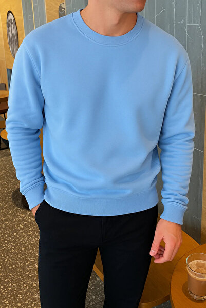 COMBİNE MİCHAİL Men's Relax Fit Winter Baby Blue Basic Sweater