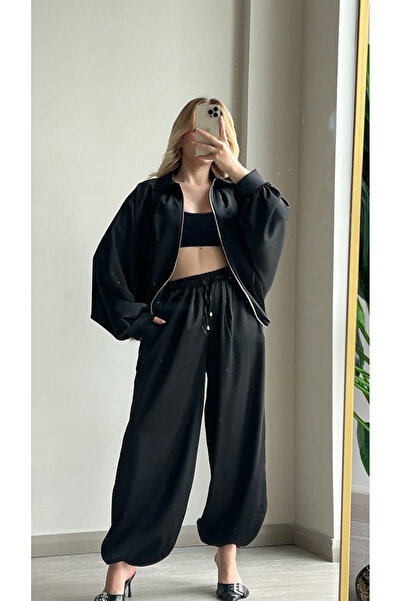 ForOus Oversize Zippered Shalwar Satin Pants Suit with Detailing