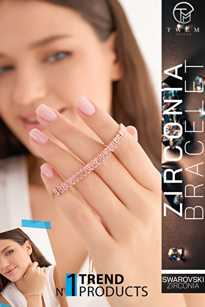 Twem Silver Zirconia Pembe Köşeli Su Yolu Asansörlü Bileklik | Modern ve Kesk...