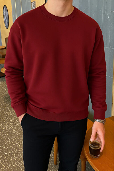 COMBİNE MİCHAİL Men's Relax Fit Winter Burgundy Basic Sweater