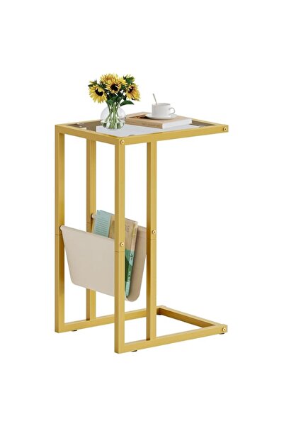 Generic طاولة تاجسون الزجاجية على شكل حرف C مع حقيبة تخزين، طاولة جانبية ضيقة للأريكة بإطار معدني ودرجة حرارة