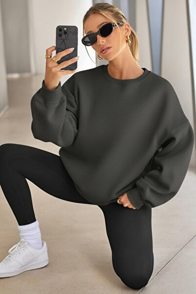 GENIUS STORE Дамска суитшърт с широка кройка, вътрешна част от Шардони и деколте тип „велосипед“ Овърсайз суитшърт KA