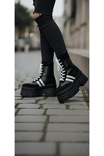 Modanizm Auvrie Dolgu Siyah Deri Topuklu Bot