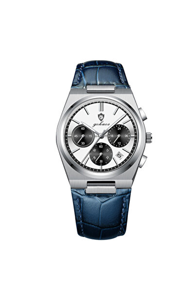 Gohuos Ceas de mână bărbătesc, cuarț, cronograf, dată, analogic, piele naturală, albastru alb