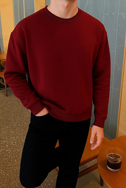COMBİNE MİCHAİL Men's Relax Fit Winter Burgundy Basic Sweater