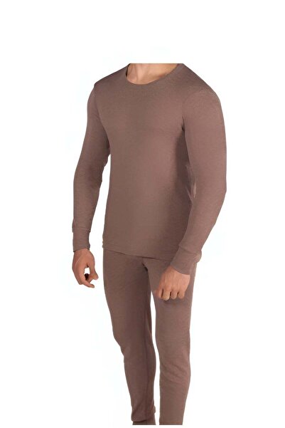 Drosh Drosh Men's Winter Pajamas - 2 Pieces Long-Sleeved T-Shirt + Pants - Brown Cotton - Comfortable and Warm - Size - 3XL