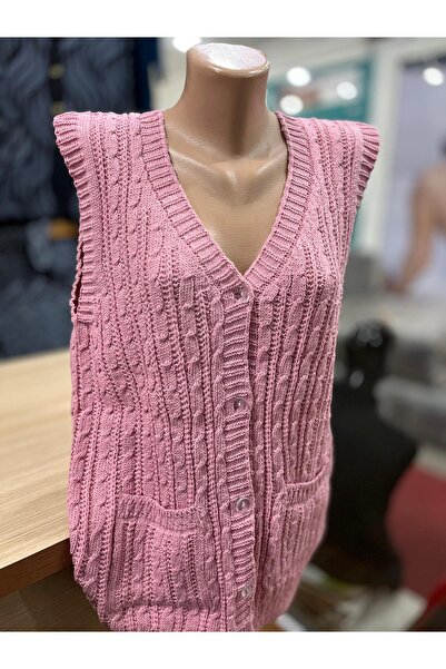 TCR Kadın Triko Düğmeli Cepli Örgü Desen Yelek