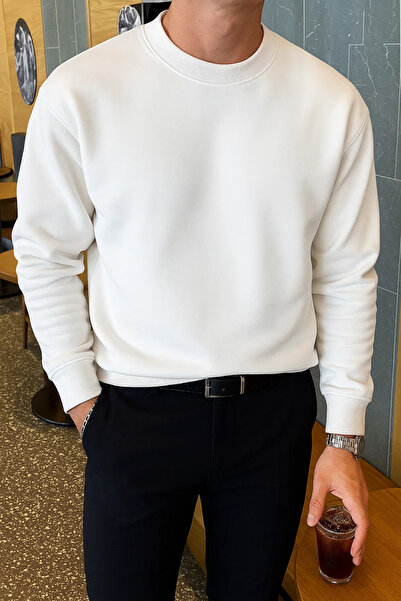 COMBİNE MİCHAİL Men's Relax Fit Winter White Basic Sweater
