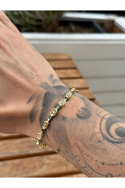 Fjellor Anárion Altın Renk Yeşil Detaylı Geometrik Taşlı Xuping Unisex Bileklik