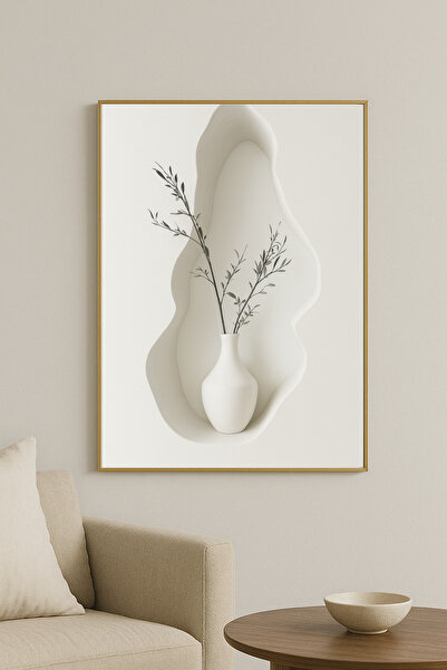 seninürünün Stillness Beyaz - Gerçek Cama Baskı Gold Alüminyum Metal Çerçeveli Tekli Modern Tablo