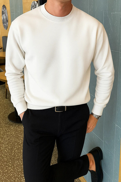 COMBİNE MİCHAİL Men's Relax Fit Winter White Basic Sweater