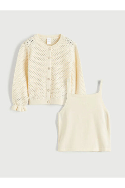 LC Waikiki Lcw Kids Yellow Girl's Lace-Like Knit Knitwear Singlet and Cardigan