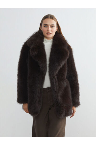 LC Waikiki Mg Trenden Brown Jacket Collar Women Faux Fur Coat