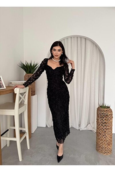 Mostpera Kalp Yaka Uzun Kollu Folers Çiçek Desenli Elbise