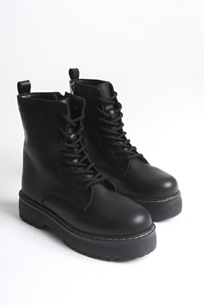 Ayakkabı Delisiyim Siyah Deri Kadın Bot Postal Martines Bağcıklı İçten Fermuarlı Kalın Tabanlı Su Geçirmez