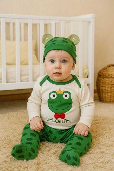 MİLAYS LİFE HOME COLLECTİON 0-3. طقم قبعة بيريه مكون من 3 قطع مطبوع عليها ضفد...