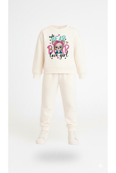 LİTTLE TORTOİSE Girl's Cute Bear Printed Fleece-Lined Sweatshirt Tracksuit Set