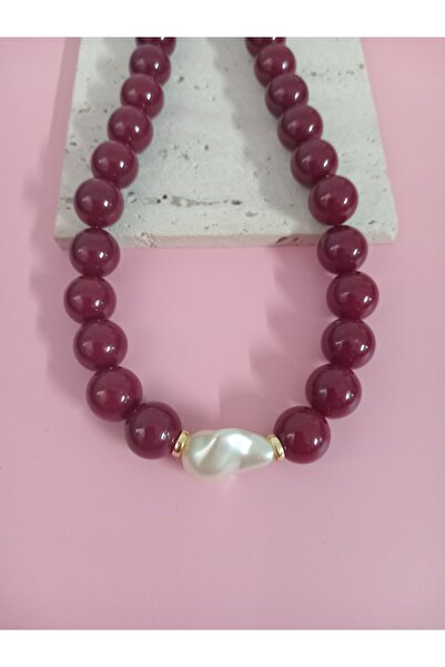 mos&more Bordo Boncuklu İncili (44cm +6cm) Şık Kadın Kolye