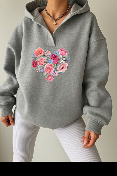 Deocept Unisex Gray V-Neck Hooded Printed Oversized Sweatshirt