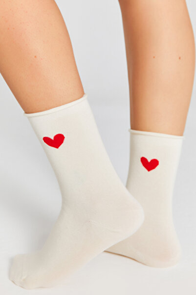 bamboo star Bamboo Women's Elastic-Free Cream Socks Stitch-Free Heart Patterned Socks 3-Pack Non-Squeezing Socks / Does Not Leave Marks