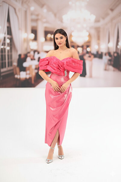 Robes Düşük Omuz Drape Detaylı Tafta Balık Midi Abiye-7053