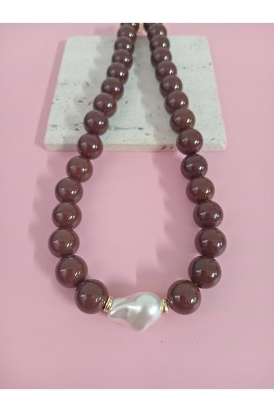mos&more Kahverengi Boncuklu İncili (44cm +6cm) Şık Kadın Kolye