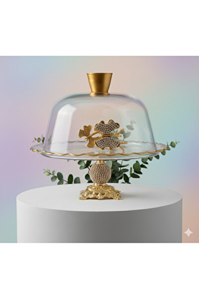 ÇNR Home Collection Gold Metal Ayaklı Cam Kapaklı Kek-Pasta Standı- Fanus