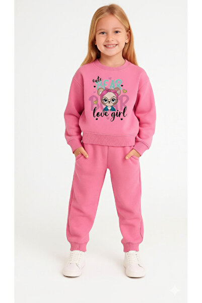 LİTTLE TORTOİSE Girl's Cute Bear Printed Fleece-Lined Sweatshirt Tracksuit Set