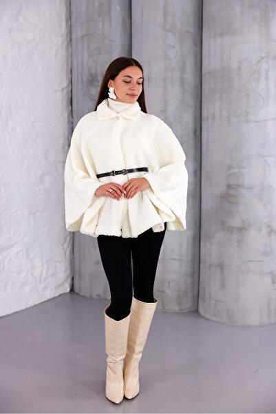 Modayıldızlar Plush White Women's Belted Poncho