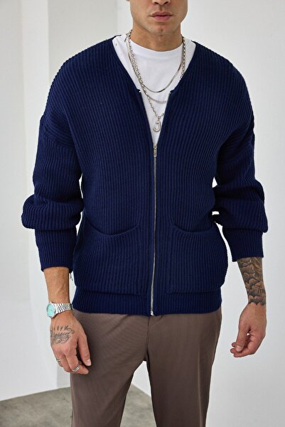 İLKCET MODA Zippered Navy Blue Oversized Open Collar Knitwear Cardigan