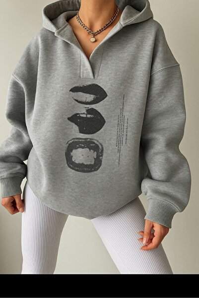 Deocept Unisex Gray V-Neck Hooded Printed Oversized Sweatshirt