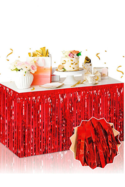 Partini Renklendir Dekoratif Püsküllü Masa Eteği Kırmızı 240x75 Cm