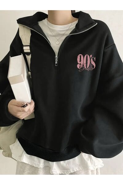 Le Savu Dukserica sa dugim rukavima i poluzatvaračem, unisex, 90-ih Štampano