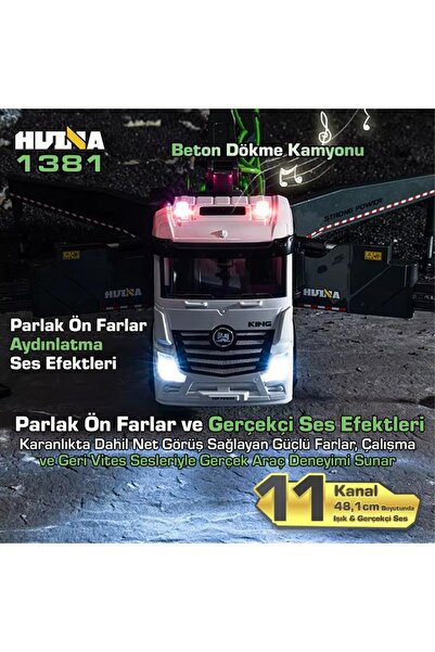 Huina 1381 1/18 11CH Beton Çimento Dökme Kamyonu İş Makinesi İnşaat Uzaktan Kumandalı RC Model Gri -